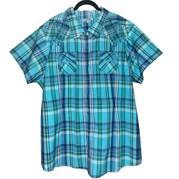 Back In The Saddle Tops - Back In The Saddle Western Plaid Embroidered Shoulder Snap Button Shirt Size 2X